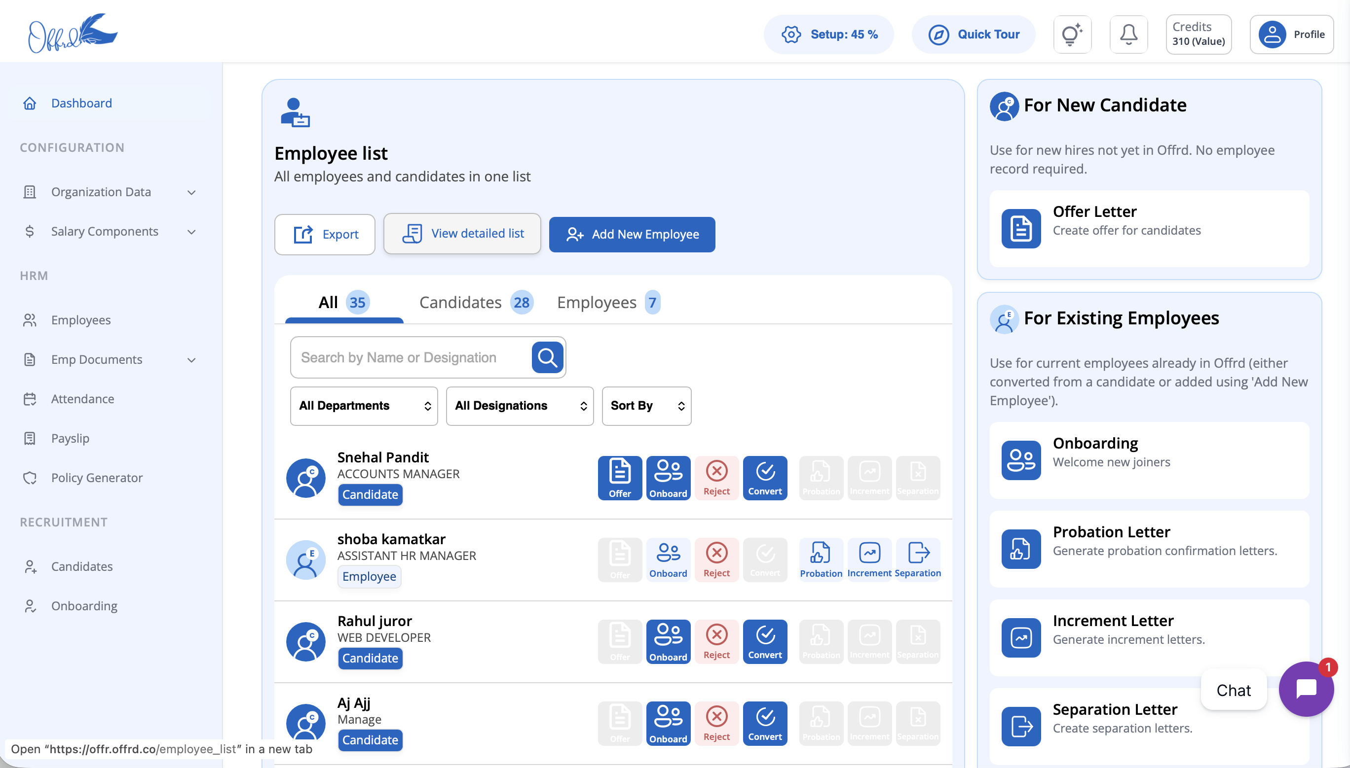 Offrd HR platform employee list dashboard built by Sequoia Applied Technologies